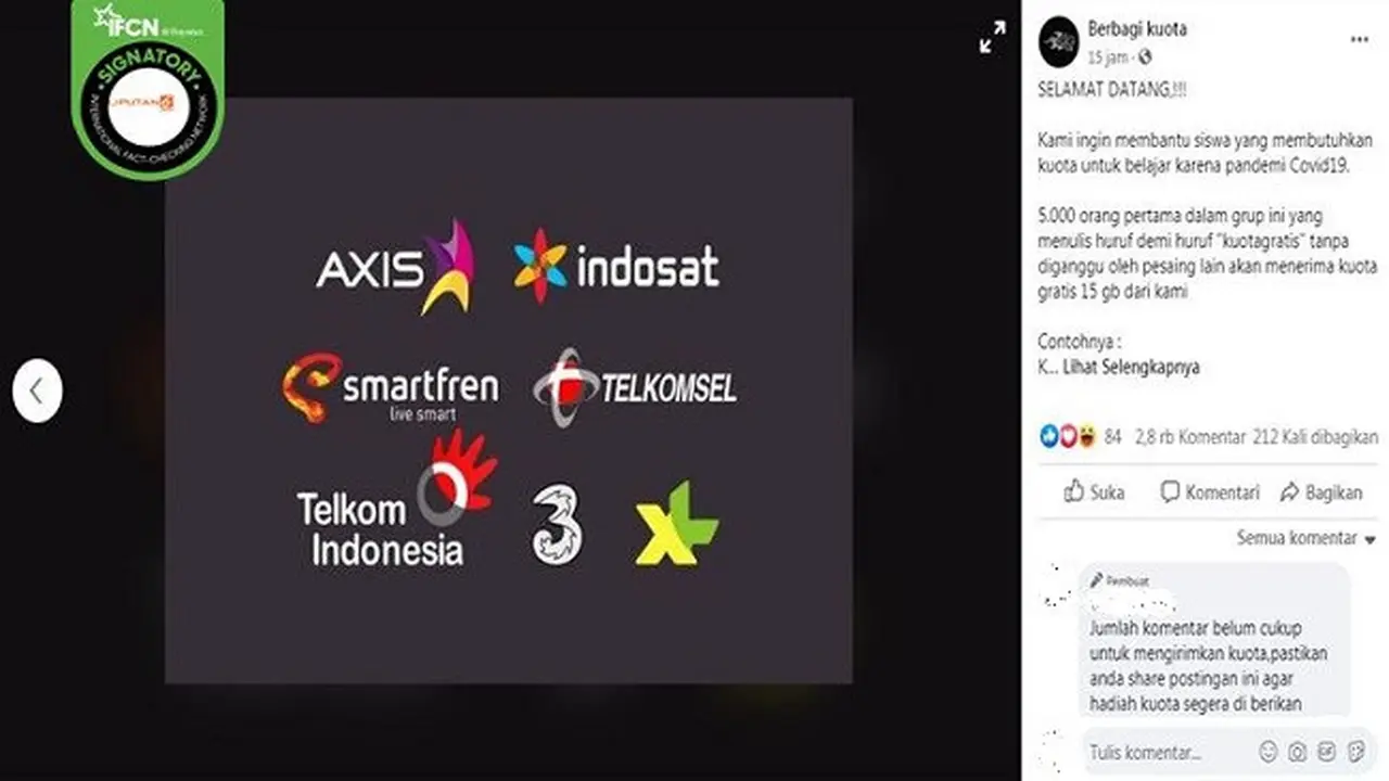 Gambar Tangkapan Layar Kabar Hoaks Tentang Bagi-bagi Pulsa