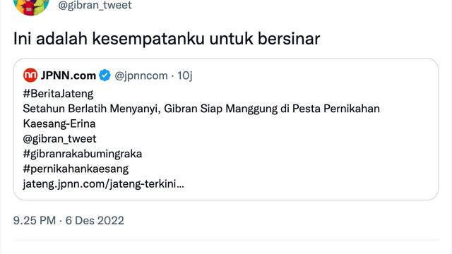 Cuitan Gibran Rakabuming soal nyumbang 10 lagu di pernikahan Kaesang Pangarep. (Foto: Dok. Twitter @gibran_tweet)