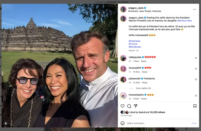Selfie mahal Anggun C Sasmi bareng Presiden Macron di Candi Borobudur