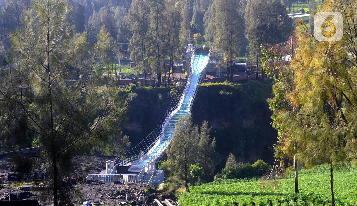 Jembatan kaca di Seruni Point sudah lama jadi. Bahkan telah diuji coba Gubernur Jatim Khofifah. Tapi sampai sekarang dstinasi baru pendukung wisata Bromo tersebut belum difungsikan. (merdeka.com/Arie Basuki)