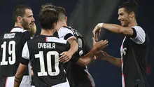 Striker Juventus Paulo Dybala bersama rekan setimnya merayakan gol ke gawang Bologna pada pekan ke-27 Liga Italia. Juventus menang 2-0 di Stadion Renato Dall'Ara, Selasa (23/6/2020) dini hari WIB. (Massimo Paolone / LaPresse via AP)