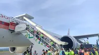 Garuda Indonesia mengakui, insiden pesawat terbang yang mengangkut jemaah haji akan menjadi pembelajaran. (Liputan6.com/ Muhammad Radityo Priyasmoro)