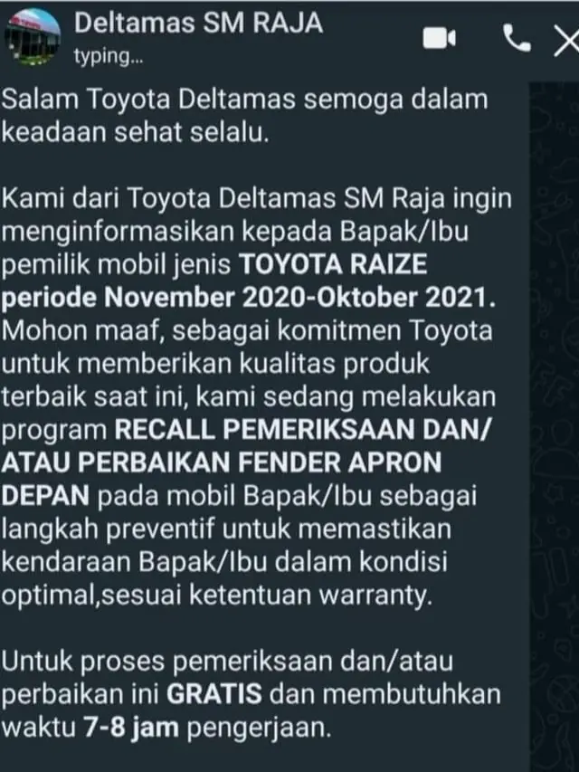 Informasi recall Toyota Raize yang beredar di media sosial (Ist)