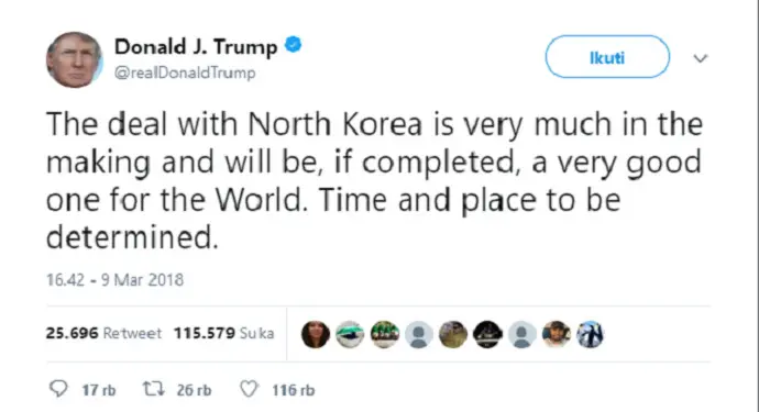 Kicauan Donald Trump yang menyatakan bahwa kesepakatan dengan Korea Utara tengah dalam proses (Twitter/@realDonaldTrump)