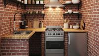 8 Desain Dapur Rumah Kecil dengan Kombinasi Bata Ekspos dan Rak Besi Hitam yang Fungsional