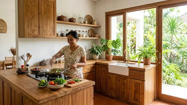 Inspirasi Dapur Bergaya Tropical Minimalist yang Bikin Suasana Masak Terasa Segar Seperti di Resort Model Material Kayu dengan Tekstur Alami