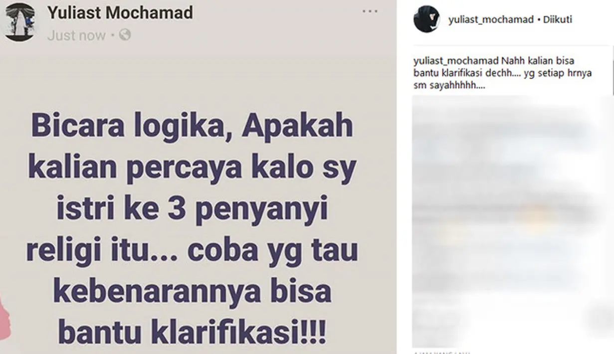 "Bicara logika, Apakah kalian percaya kalo sy istri ke 3 penyanyi religi itu... coba yg tau kebenarannya bisa bantu klarifikasi," tulis yuliast_mochamad dalam unggahan statusnya 31 Maret 2018. (Instagram/yuliast_mochamad)