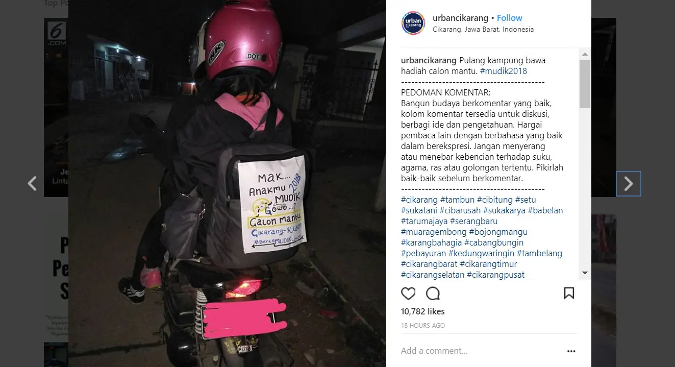 Foto kocak pemudik (Sumber: Instagram @urbancikarang)