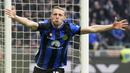 Ekspresi pemain Inter Milan, Davide Frattesi ketika melakukan selebrasi setelah mencetak gol kemenangan ke gawang Hellas Verona pada laga lanjutan Liga Italia 2023/2024 di Giuseppe-Meazza Stadium, Milan, Italia, Sabtu (07/01/2023) dini hari WIB. (AP Photo/Antonio Calanni)