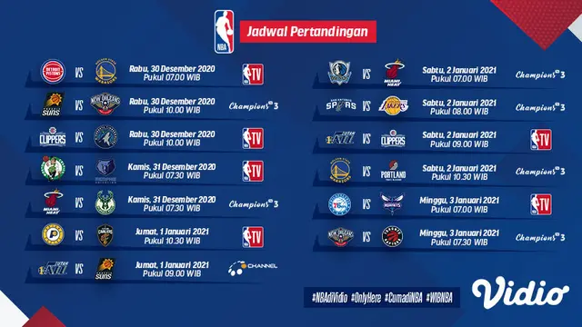 Jadwal NBA 2020/2021 pekan kedua di Vidio
