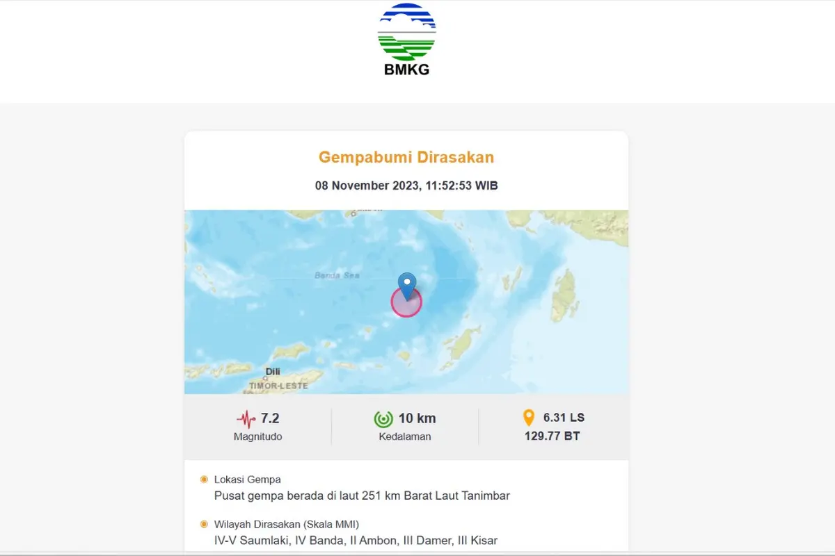 Gempa bumi menggetarkan wilayah Tanimbar, Provinsi Maluku pukul 11:52:53 WIB pada hari ini, Rabu (8/11/2023).