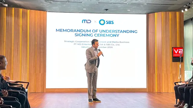 Manoj Punjabi dalam acara penandatanganan MoU strategic cooperation in the content and media business antara PT MD Entertainment Tbk & SBS Co., Ltd. dihelat di kawasan Jakarta pada pada Selasa, (29/9/2026). (Liputan6.com/Afradhiya N. R)