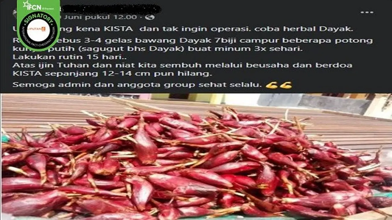 Gambar Tangkapan Layar Klaim Minum Air Rebusan Bawang Dayak Bisa Sembuhkan Kista (sumber: Facebook).