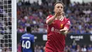 Selebrasi striker Liverpool, Diogo Jota usai mencetak gol pertama timnya ke gawang Ipswich Town pada laga pekan pertama Premier League 2024/2025 di Portman Road Stadium, Ipswich, Sabtu (17/8/2024). (AP Photo/Alastair Grant)