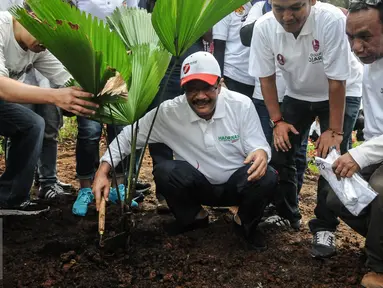 Wakil Gubernur DKI Jakarta Djarot Saiful Hidayat bersama Relawan Ahok-Djarot yang tergabung dalam Dulure Djarot menanam tanaman di depan Balai Kota, Jakarta, Minggu (16/10). (Liputan6.com/Faizal Fanani)