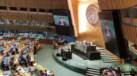 Wakil Presiden Muhammad Jusuf Kalla menyampaikan pidato di Sidang Umum PBB ke-73 pada Kamis, 28 September 2018, di New York (Liputan6.com/Sekretarian Negara)