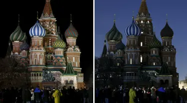 Foto kombinasi dari Katedral St Basil sebelum dan saat memperingati Earth Hour di Red Square, Moskow, Rusia (19/3/2016). (Reuters/Maxim Zmeyev)