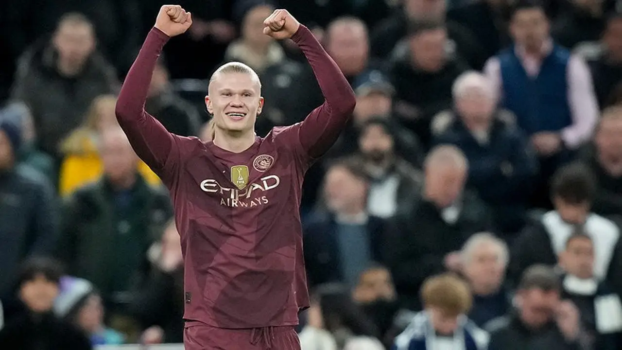 Selebrasi Erling Haaland di laga Tottenham vs Manchester City, Premier League 2024/2025 (c) AP Photo/Frank Augstein