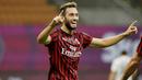 Pemain AC Milan, Hakan Calhanoglu, melakukan selebrasi usai membobol gawang Bologna pada laga Serie A di Stadion San Siro, Sabtu (18/7/2020). AC Milan menang dengan 5-1 atas Bologna. (AP/Luca Bruno)