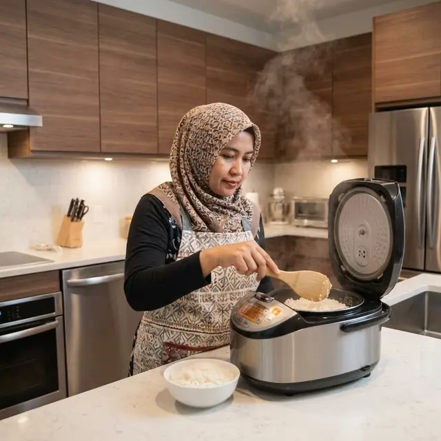 Mengambil nasi dari panci rice cooker dengan centong