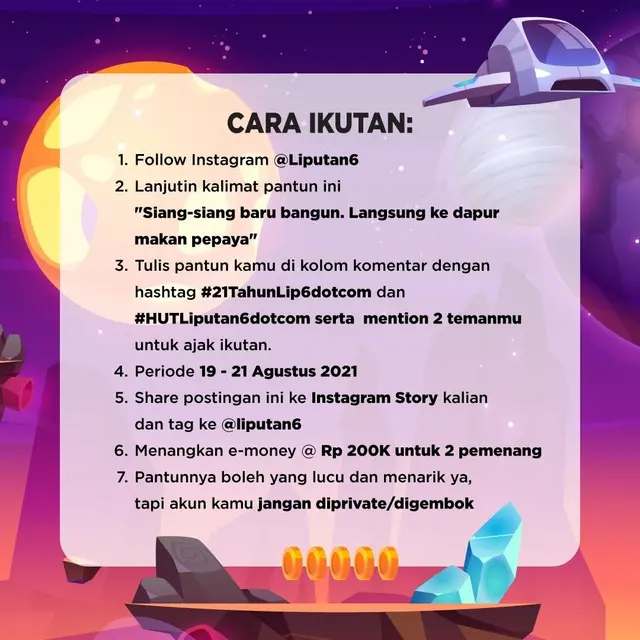 Liputan6 mengajak seluruh pembaca untuk ikut kuis duet pantun dengan hadian uang jutaan rupiah, simak caranya di sini.