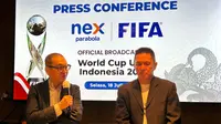 Pengamat sepak bola, Justinus Lhaksana, menjadi pembicara dalam acara Nex Parabola yang dikonfirmasi sebagai official broadcaster Piala Dunia U-17 2023 untuk Direct-to-Home (DTH). (Zulfirdaus Harahap/Bola.com)