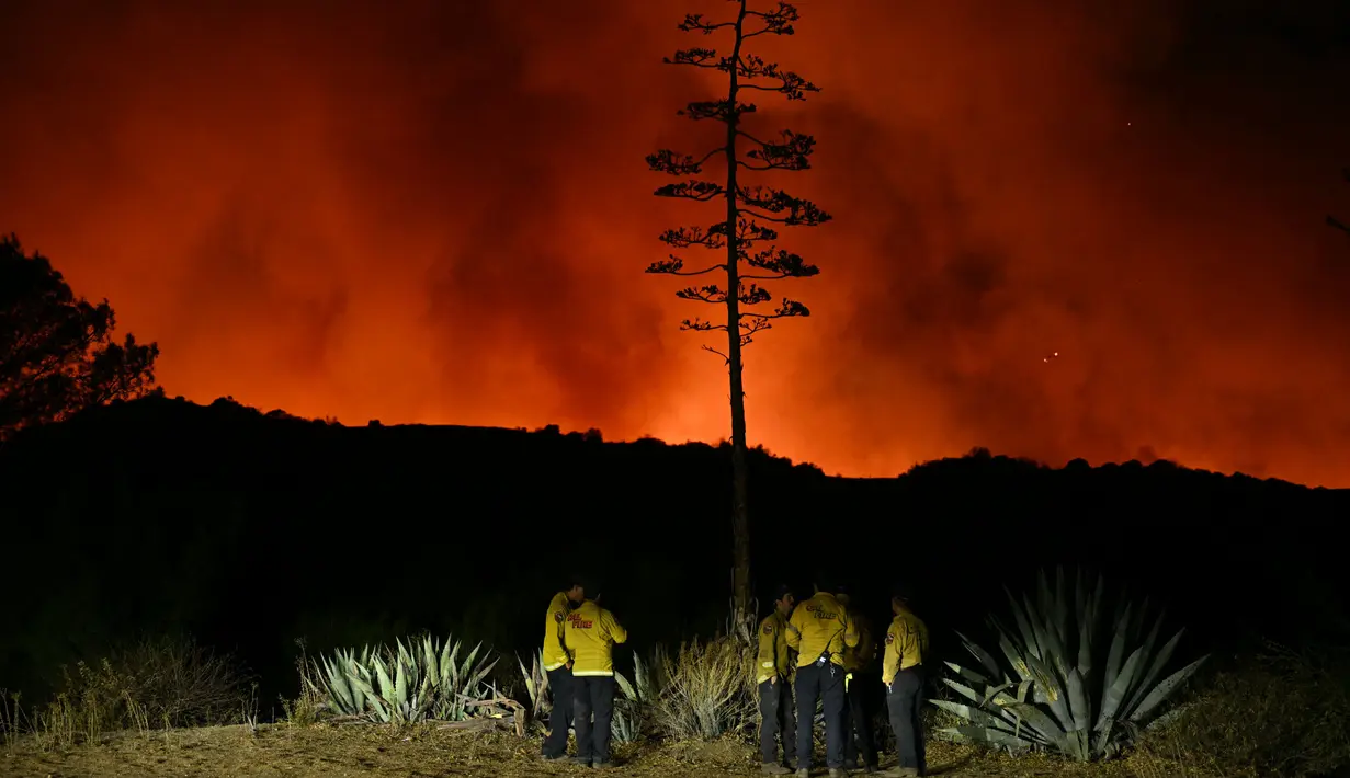 <p>Kebakaran Palisades meluas dan mengancam lingkungan permukiman penduduk di Encino, Los Angeles, California, 10 Januari 2025. (Patrick T. Fallon/AFP)</p>