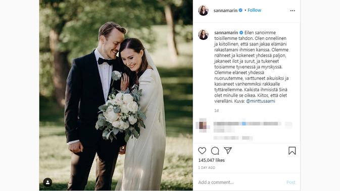 Perdana Menteri Finlandia, Sanna Marin, resmi menikah dengan mantan pesepak bola Markus Raikkonen pada Sabtu, 1 Agustus 2020. (dok. Instagram/@sannamarin/https://www.instagram.com/p/CDYooLZD6vz/