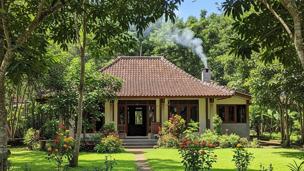 7 Model Rumah 1 Lantai di Kampung dengan Pepohonan di Sekitar Rumah dan Halaman Hijau
