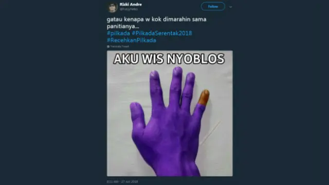Biasanya, setelah melakukan pencoblosan, banyak masyarakat yang memamerkan potret tinta ungu di kelingkingnya.