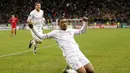 Selebrasi pemain Liverpool, Jordon Ibe, setelah mencetak gol ke gawang Rubin Kazan dalam lanjutan Grup B Liga Europa di Stadion Kazan Arena, Rusia, Jumat (6/11/2015) dini hari WIB. (Action Images via Reuters/Henry Browne)