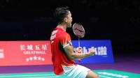 Tunggal putra Indonesia Anthony Sinisuka Ginting meluapkan kegembiraan setelah mengalahkan&nbsp;Chou Tien Chen dari Chinese Taipei 21-18 dan 21-19 pada laga semifinal Piaal Thomas 2024 di&nbsp;Hi-Tech Zone Sports Centre Gymnasium, Chengdu, China, Sabtu (4/5). (foto: PP PBSI)