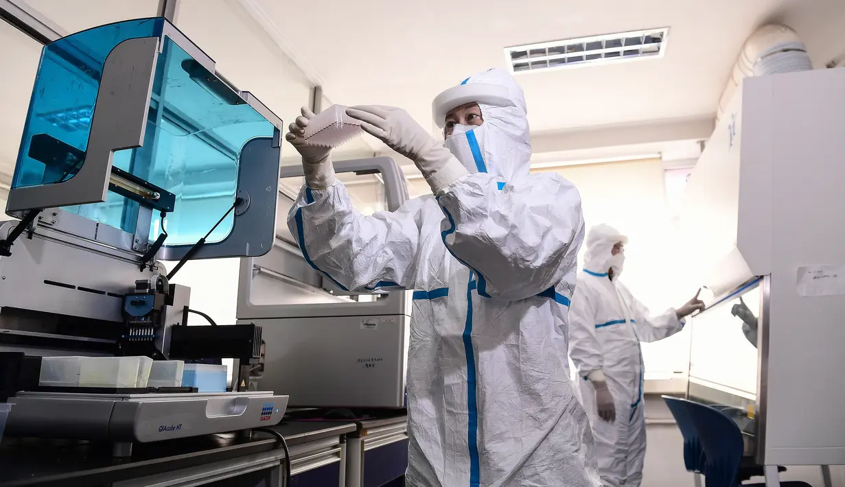 Covid-19, Nama Baru Corona: Petugas laboratorium menguji sampel dari orang yang akan diuji untuk virus corona COVID-19 di sebuah laboratorium di Shenyang, provinsi Liaoning, China, Rabu (12/2/2020). WHO kini tidak lagi menyebut virus yang merebak di China sebagai Virus Corona Baru. (STR/AFP)