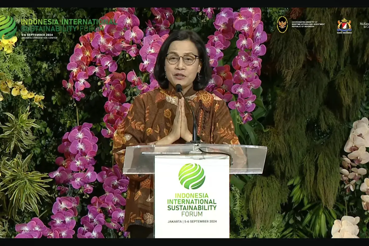 Menteri Keuangan Sri Mulyani dalam Indonesia Sustainable Forum (ISF) 2024, di Jakarta Convention Center (JCC), Jumat (6/9/2024)