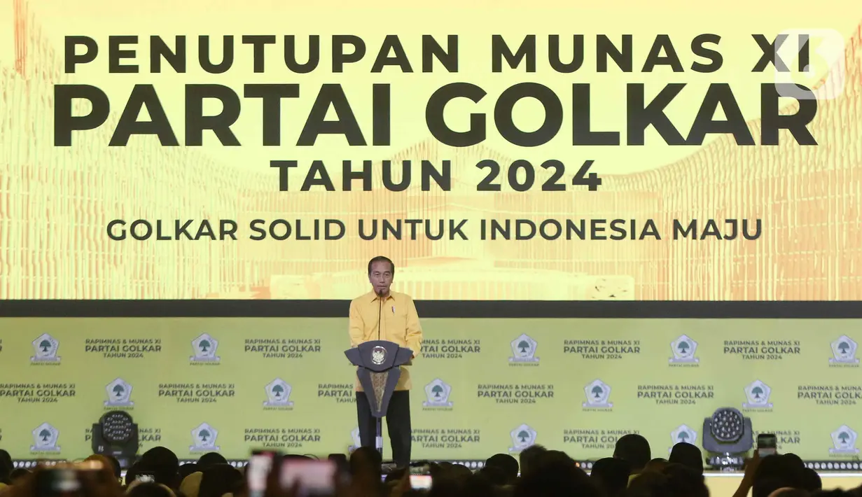 Presiden Joko Widodo (Jokowi) memberi pidato pada penutupan Rapat Pimpinan Nasional (Rapimnas) dan Musyawarah Nasional (Munas) XI Partai Golkar 2024 di Jakarta Convention Center, Rabu (21/8/2024). (Liputan6.com/Herman Zakharia)