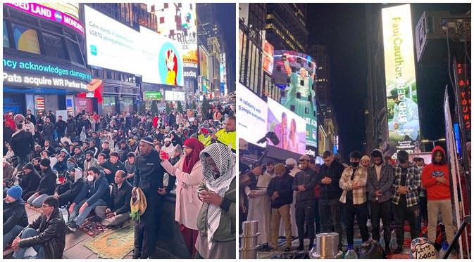 Viral, Umat Muslim di New York Gelar Buka Puasa dan Shalat Tarawih di Times Square (sumber: Twitter/Muslim)