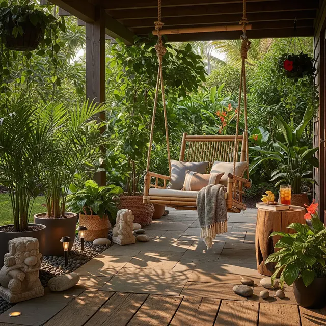 Model Teras Depan Rumah Tropis dengan Kursi Bambu Gantung Tren 2025