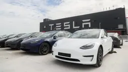 Kendaraan Tesla Model 3 yang diproduksi di China (made in China) di gigafactory Tesla yang terletak di Shanghai, China pada 26 Oktober 2020. Tesla, pabrikan mobil AS, mengumumkan akan mengekspor 7.000 kendaraan Model 3 yang diproduksi di China ke Eropa pada Selasa (27/10). (Xinhua/Ding Ting)