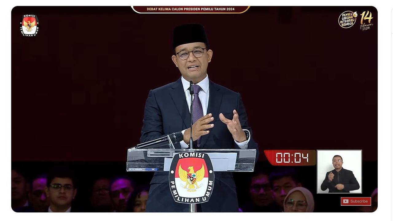 Calon Presiden (Capres) nomor urut 01 Anies Baswedan saat debat Pilpres 2024 terakhir yang digelar Minggu (4/2/2024) di Jakarta Convention Center (JCC), Senayan, Jakarta Pusat.