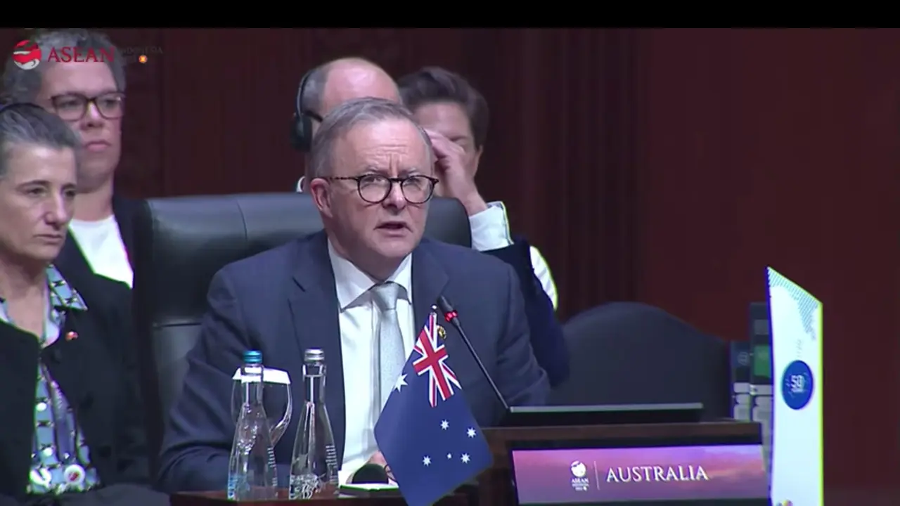 Perdana Menteri Australia Anthony Albanese dalam KTT ke-3 Australia-ASEAN, rangkaian KTT ke-43 ASEAN, di Jakarta Convention Center (JCC), Kamis (7/9/2023). (Tangkapan layar Youtube Setpres RI)