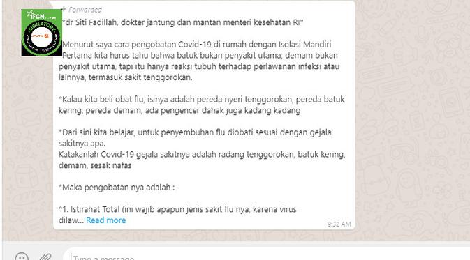 Cek Fakta Informasi Pengobatan Covid 19 Untuk Isolasi Mandiri Ini Bukan Tulisan Dr Siti Fadillah Cek Fakta Liputan6 Com