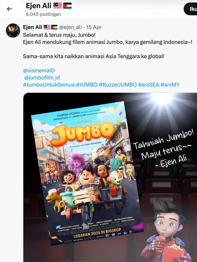 Karakter animasi Ejen Ali mendukung film Jumbo. (Foto: Dok. Twitter @ejen_ali)