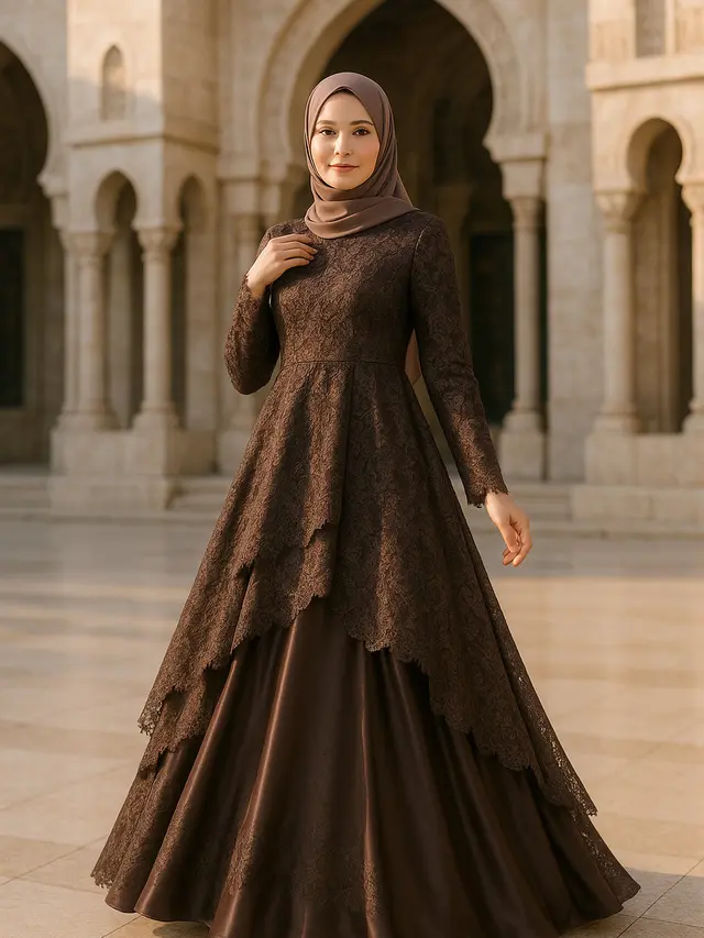 Model Gamis Syari A-Line Kombinasi Brokat Modern