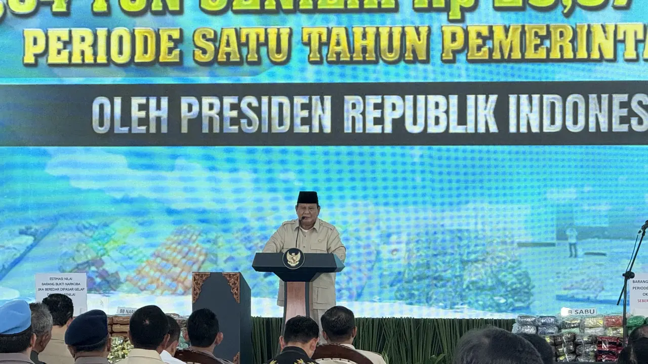 Presiden Prabowo Subianto saat menghadiri pemusnahan 214,8 ton narkoba di Mabes Polri Jakarta Selatan, Rabu (29/10/2025).