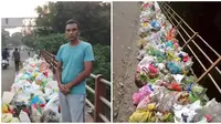 Pria ini berdiri di jembatan seharian agar tak ada yang buang sampah sembarangan. (Sumber: Twitter/@swethaboddu)