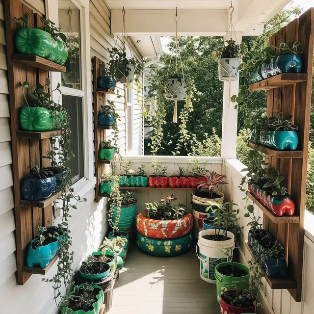 Teras Depan Rumah Sempit Tapi Cantik dari Furniture Daur Ulang Hemat Budget (Image by Gemini AI)