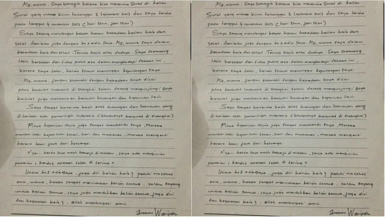 Isi Surat Wanipah TKI Divonis Hukuman Mati di China