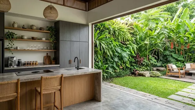 Dapur Semi Terbuka Bersebelahan dengan Taman