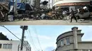 Foto kombinasi menunjukkan seorang yang selamat (atas) berjalan melewati puing-puing dan bangunan yang runtuh di Kesennuma, Prefektur Miyagi pada tanggal 18 Maret 2011; dan area yang sama (bawah) hampir 10 tahun kemudian pada 27 Januari 2021. (AFP/Kazuhiro Nogi, Philippe Lopez)