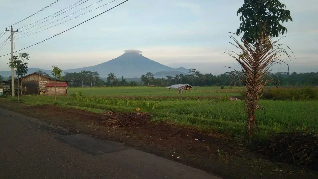 Sumbing dengan puncak ditutup awan Lenticularis dapat dilihat dari dessa Congkrang Muntilan. (foto: /edhie prayitno ige)